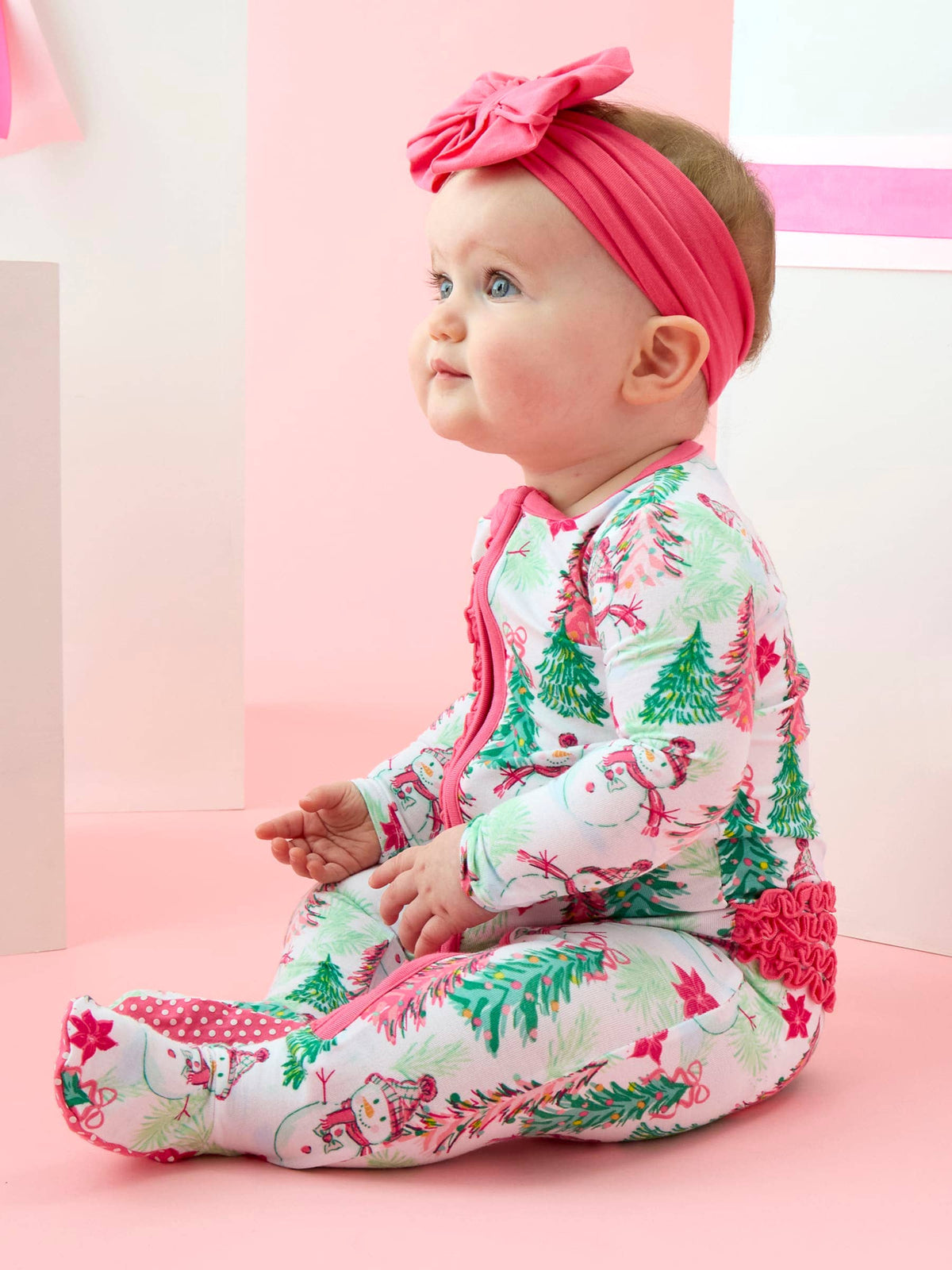 SoftSnooze™ Baby Girls Bamboo Viscose Pink Snowman Grove Footed Ruffle One Piece Pajama: Pink / 18-24m