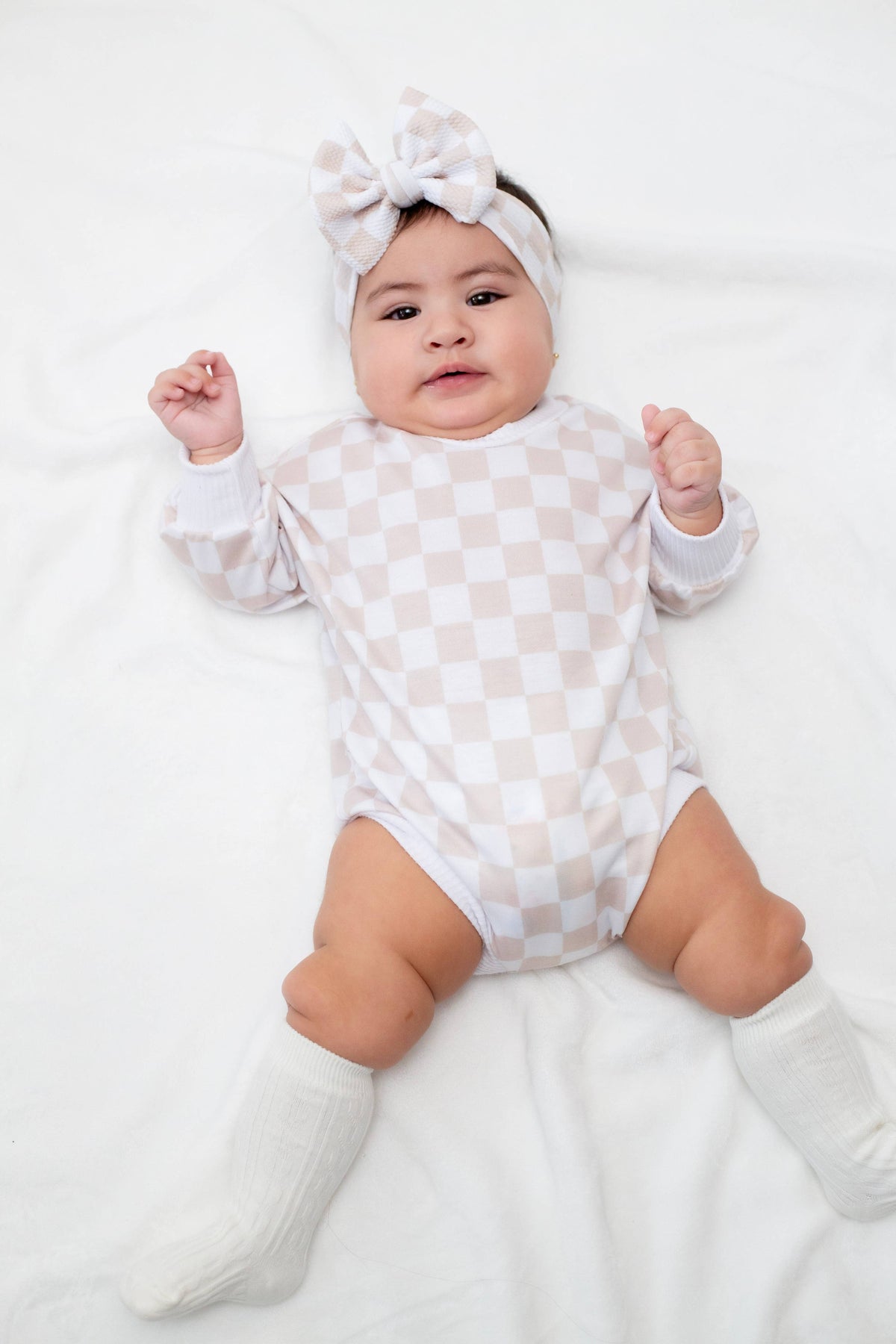 Neutral Checker Bubble Romper: 6 months