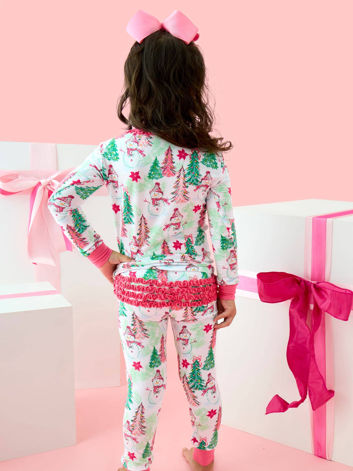 SoftSnooze™ Toddler Girls Bamboo Viscose Pink Snowman Grove Ruffle Long Sleeve Pajama Set with Signature Rear Ruffles: Pink / 2T