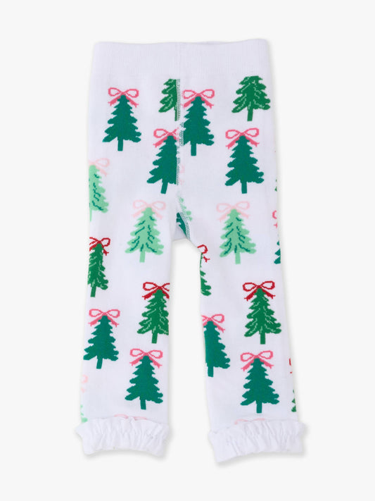 Girls Christmas Tree Bows Patterned Footless Ruffle Tights: Green / 2T-4T